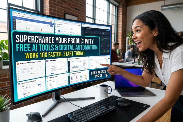 AI tools and digital automation concept showing laptop dashboard, automation system and productivity growth