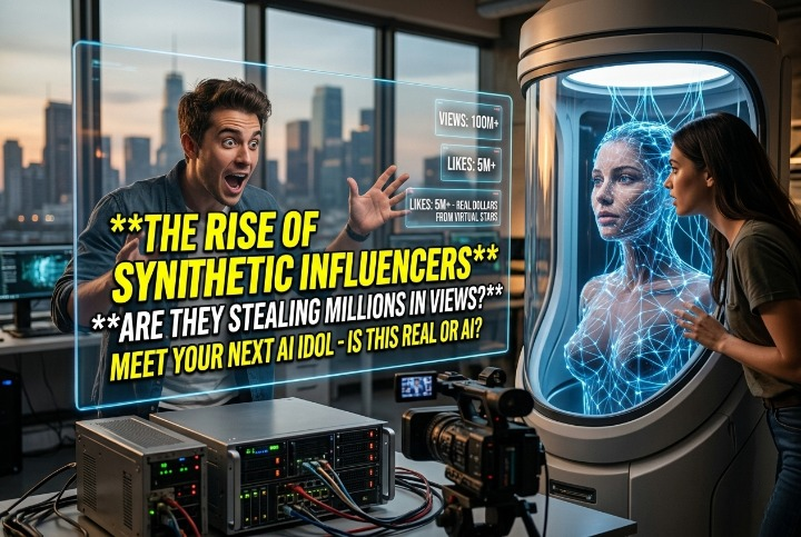 Comparison between a real human influencer and a synthetic AI celebrity in 2026, showcasing the future of digital content creation.