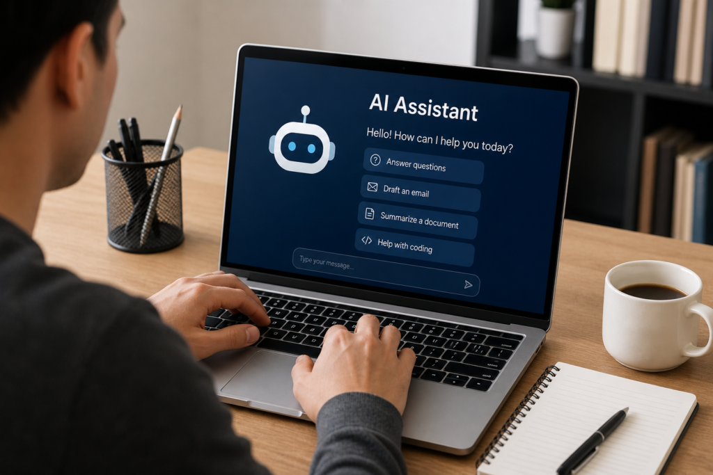 person using AI assistant on laptop for writing emails coding and automation tasks