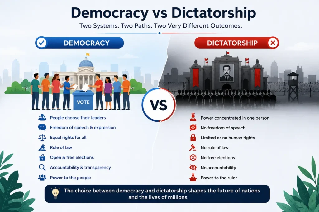 Democracy vs dictatorship featured image showing voting, freedom, citizen rights, authoritarian rule, and political control.