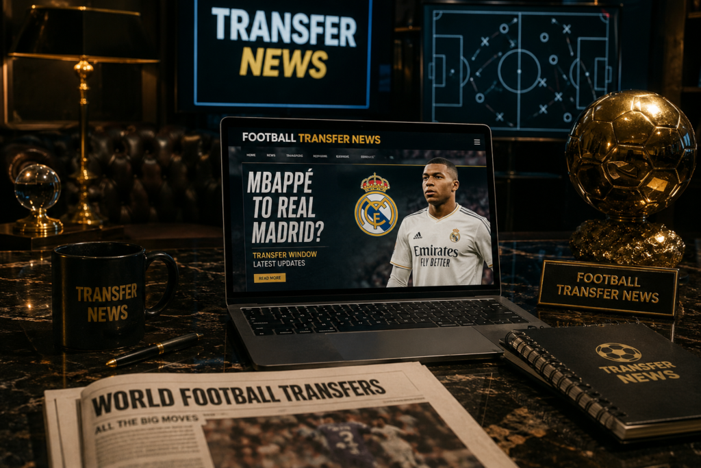 Luxury football transfer news setup showing latest player transfer rumors, football club updates, and premium sports newsroom design for Football Transfer News 2026 blog post.