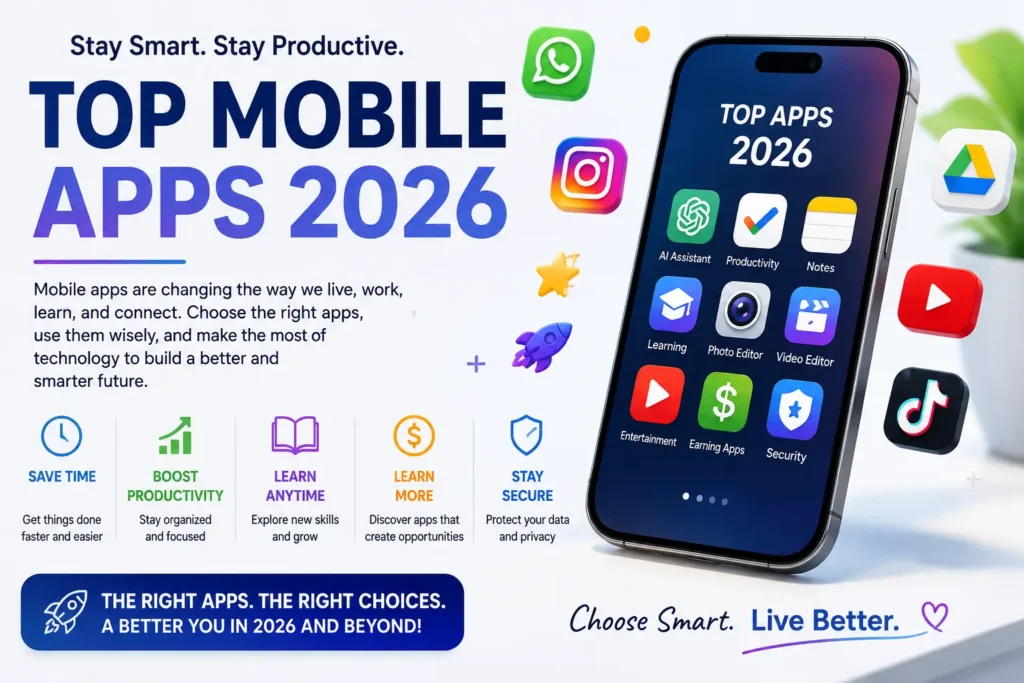 Future mobile apps 2026 showing AI powered productivity learning security and earning applications