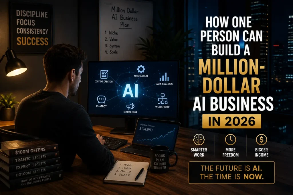A modern entrepreneur building a million-dollar AI business in 2026 using AI automation tools, analytics dashboards, and online business systems in a professional workspace.