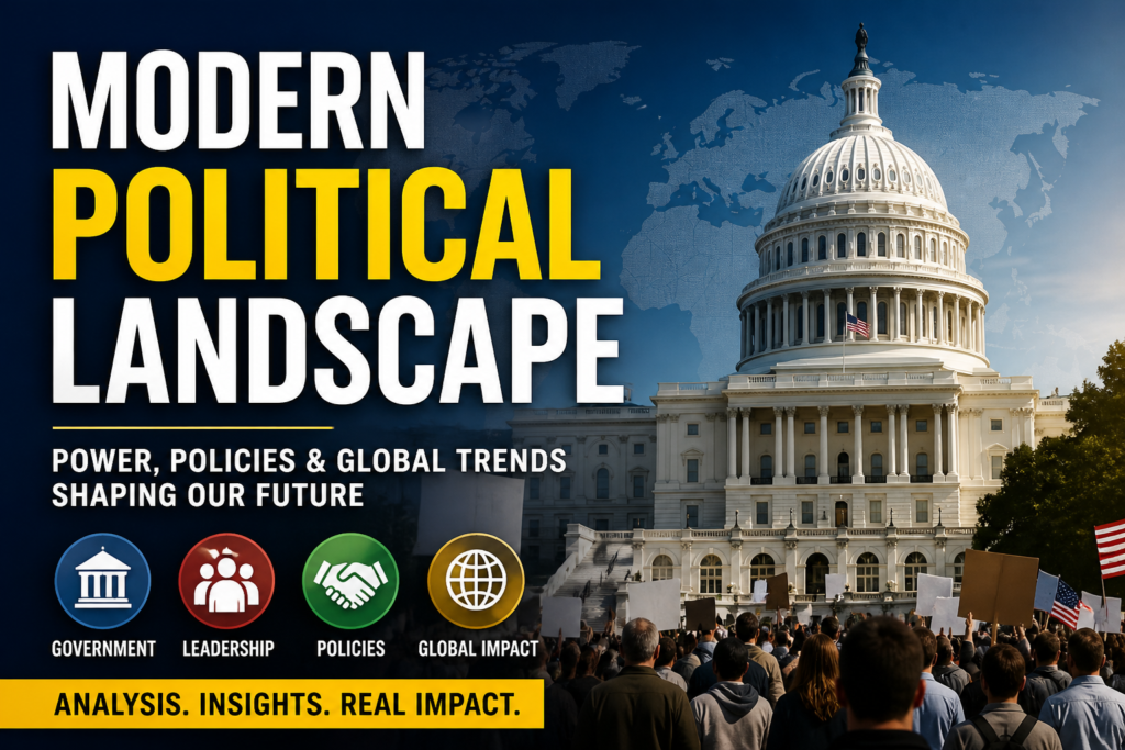 Modern political landscape showing government building, global map, and people representing global politics, policies, and power trends in 2026