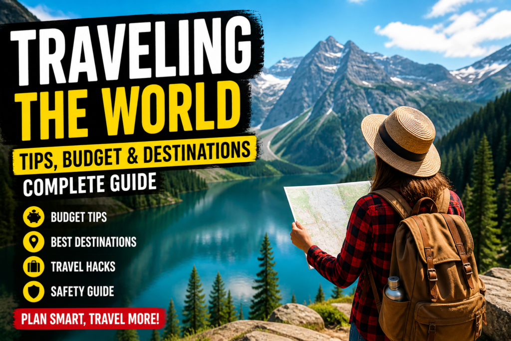 Travel guide thumbnail showing a traveler with backpack looking at mountain lake with tips, budget and destination text for smart travel planning
