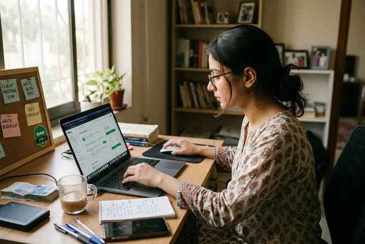 Person working on laptop at home desk showing make money online highlights concept with simple workspace setup