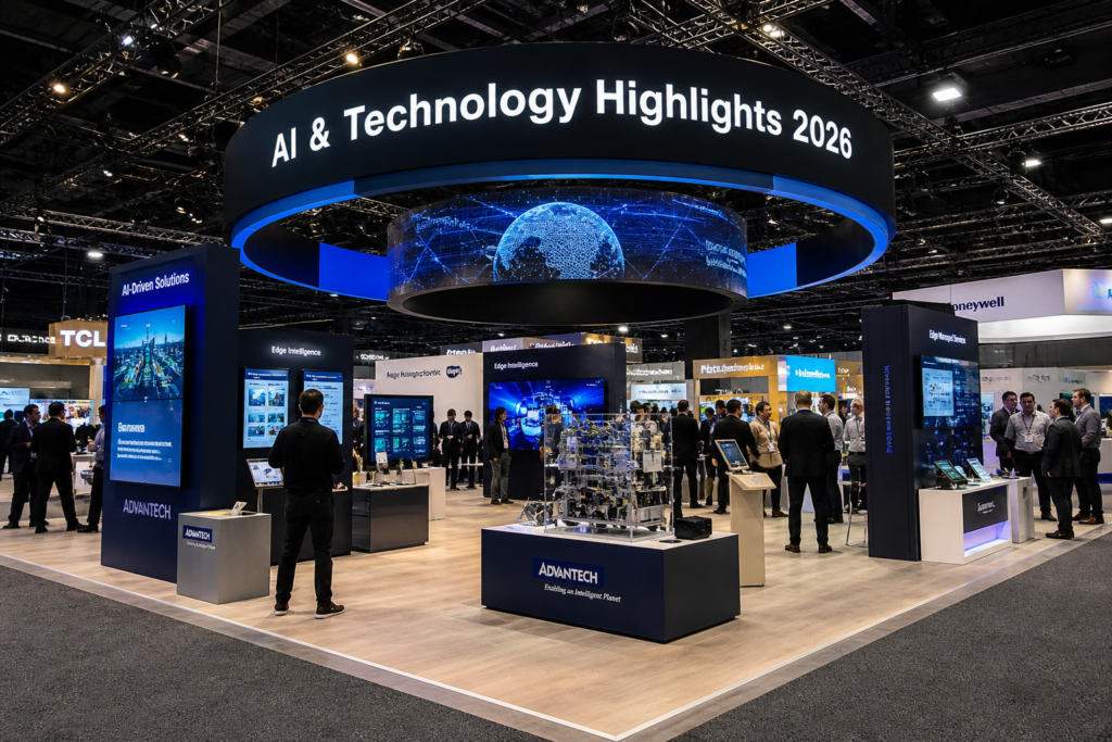 AI and Technology Highlights 2026 showing futuristic tech expo with artificial intelligence displays, digital innovation booths and smart technology showcase