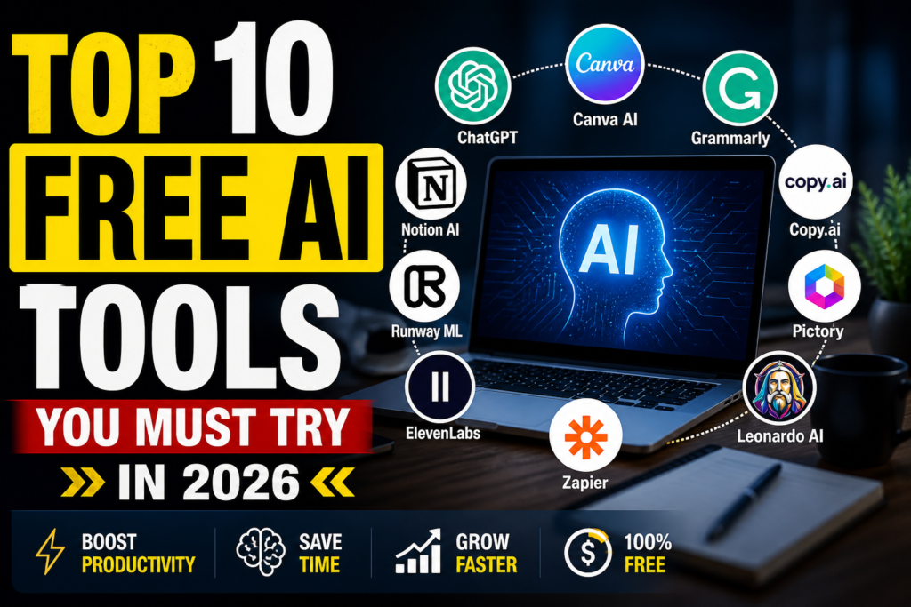 Top 10 free AI tools 2026 including ChatGPT Canva Grammarly and other tools for productivity content creation and automation