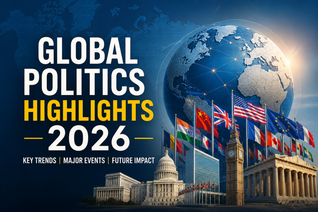 3D illustration showing digital world map with blockchain voting and AI influence on Global Politics Highlights 2026.