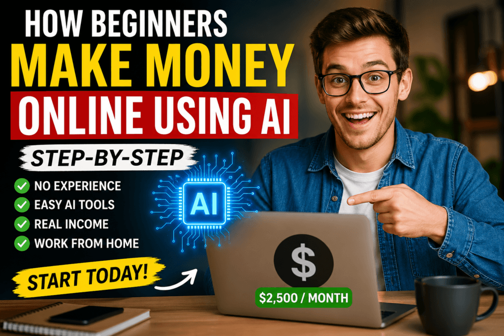A young man working on a laptop with a step-by-step AI money-making guide on a whiteboard in the background.