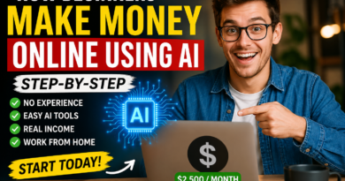 A young man working on a laptop with a step-by-step AI money-making guide on a whiteboard in the background.