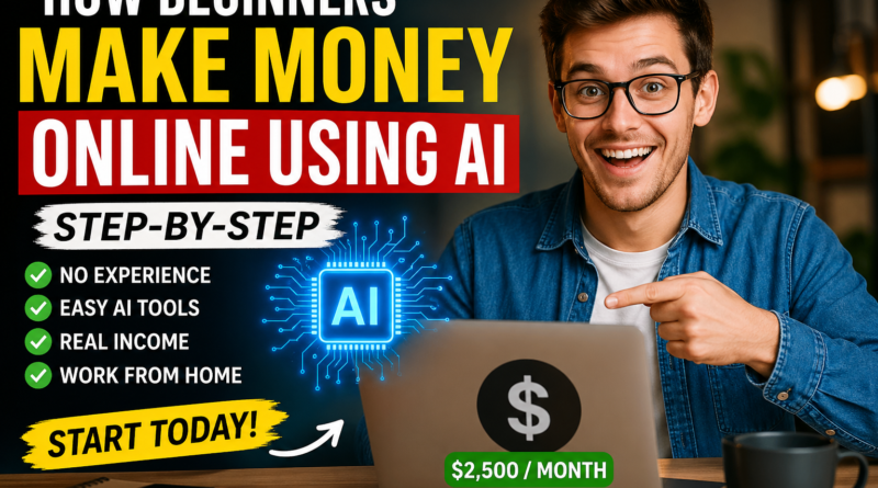 A young man working on a laptop with a step-by-step AI money-making guide on a whiteboard in the background.