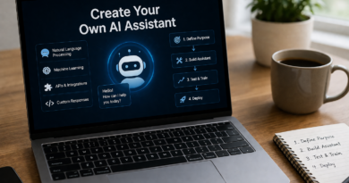 create your own AI assistant dashboard showing chatbot interface and automation features on laptop screen.