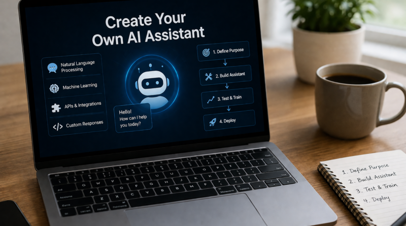 create your own AI assistant dashboard showing chatbot interface and automation features on laptop screen.