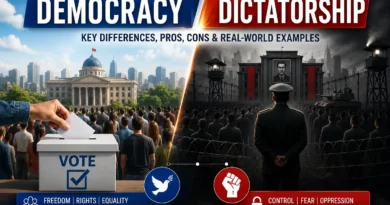 Comparison between democracy and dictatorship highlighting 10 key differences in governance, freedom, elections, and citizens' rights.