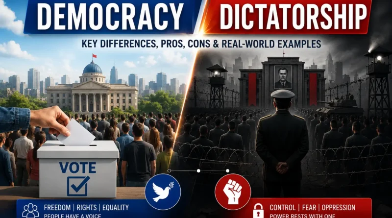 Comparison between democracy and dictatorship highlighting 10 key differences in governance, freedom, elections, and citizens' rights.