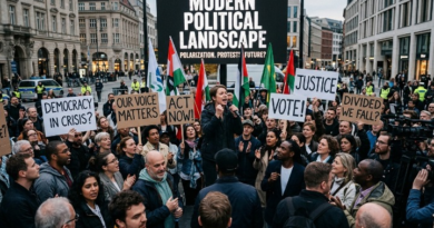 A realistic photo of a crowd protest in a city square. A woman at a podium with a megaphone leads the crowd, while others hold diverse signs related to modern politics and social issues, like "Modern Political Landscape: Polarization, Protests, Future?", "Our Voice Matters", "Act Now!", and "Democracy in Crisis?". Diverse flags are visible.