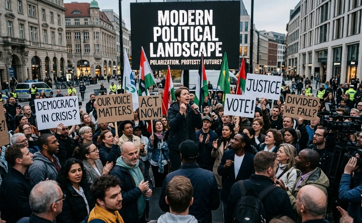 A realistic photo of a crowd protest in a city square. A woman at a podium with a megaphone leads the crowd, while others hold diverse signs related to modern politics and social issues, like "Modern Political Landscape: Polarization, Protests, Future?", "Our Voice Matters", "Act Now!", and "Democracy in Crisis?". Diverse flags are visible.