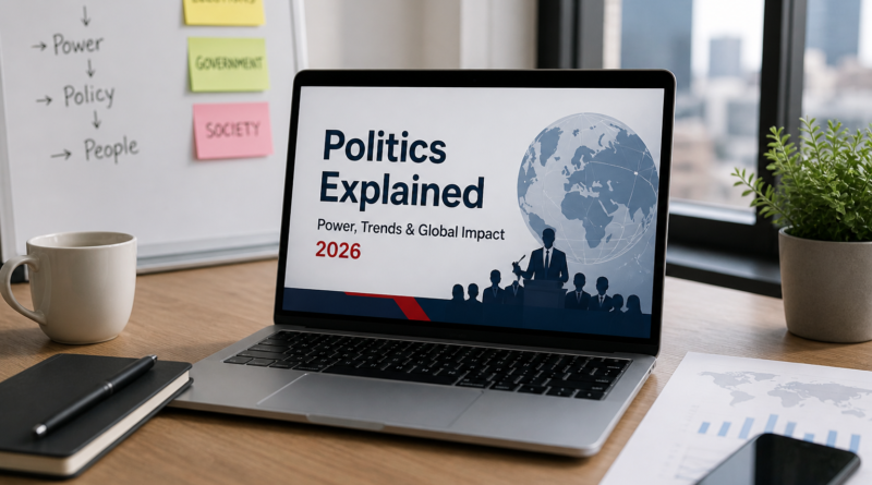 Politics explained 2026 showing global power trends, political analysis, and world impact in a modern workspace setup