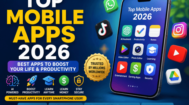 Top Mobile Apps 2026 featuring the best AI productivity learning and earning apps for Android and iPhone users