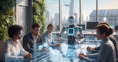 A realistic 2026 office setting showing a diverse team of professionals collaborating with an advanced humanoid AI agent and holographic interfaces in a futuristic smart city.