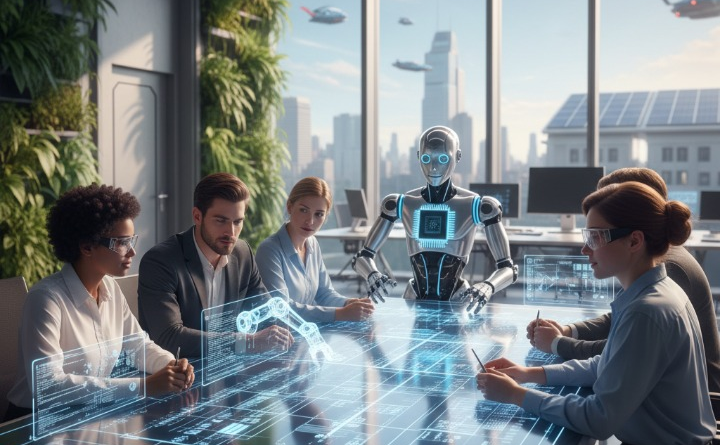 A realistic 2026 office setting showing a diverse team of professionals collaborating with an advanced humanoid AI agent and holographic interfaces in a futuristic smart city.