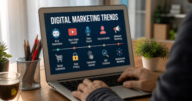 Professional workspace showing digital marketing trends on laptop screen including AI automation, SEO evolution, and future marketing strategies in 2026