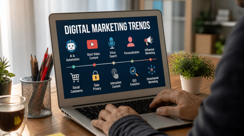 Professional workspace showing digital marketing trends on laptop screen including AI automation, SEO evolution, and future marketing strategies in 2026