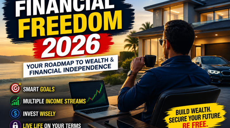 Financial Freedom 2026 thumbnail showing luxury lifestyle, passive income ideas, wealth growth chart, and financial independence concept