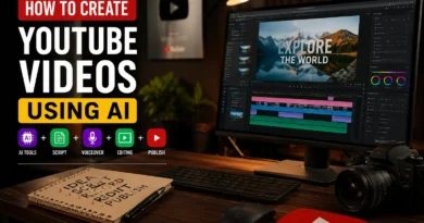 A professional YouTube video creation setup showing AI tools, video editing software, camera equipment, and a modern workspace for creating YouTube videos using AI.