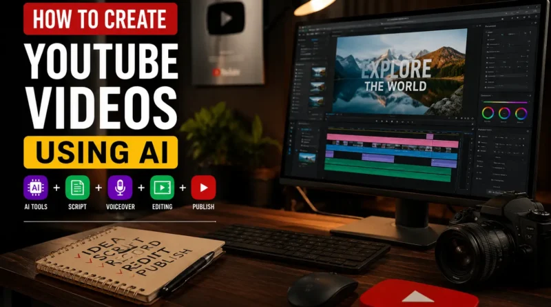 A professional YouTube video creation setup showing AI tools, video editing software, camera equipment, and a modern workspace for creating YouTube videos using AI.