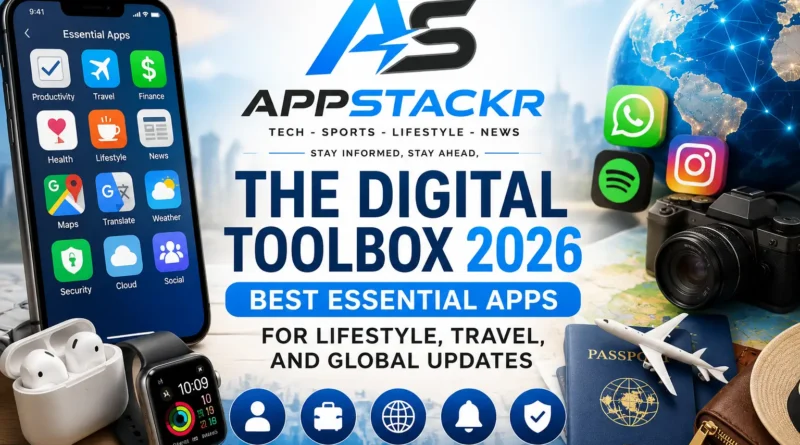 The Digital Toolbox 2026 featuring the best essential apps for lifestyle, travel, productivity, global updates, security, and digital convenience.