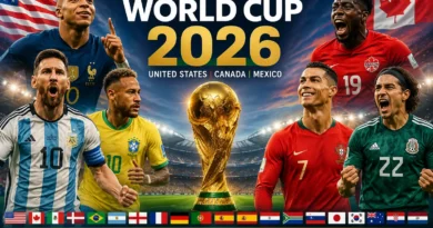 FIFA World Cup 2026 trophy with football stadium, host countries, teams, schedule and tournament branding
