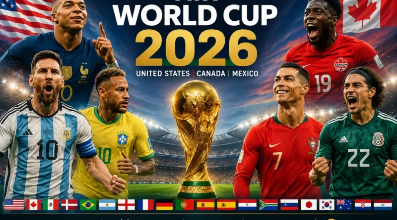 FIFA World Cup 2026 trophy with football stadium, host countries, teams, schedule and tournament branding